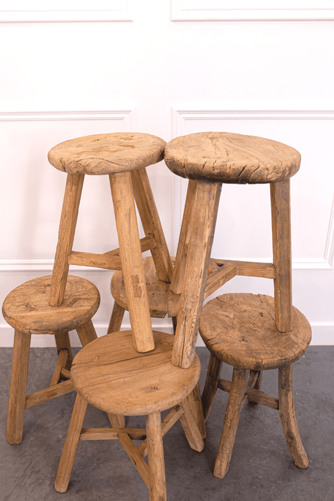 Luxe B Co - Vintage Elm Wood Round Stool Bench - Home & Well