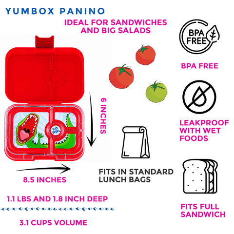 Yumbox Panino- Leakproof Sandwich Friendly Bento Box - Wow Red (Dinosaur)