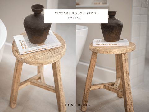 Luxe B Co - Vintage Elm Wood Round Stool Bench - Home & Well