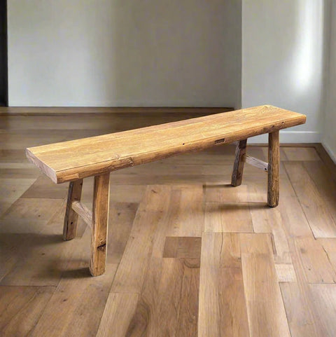 Wooden Bench 59 in, Natural Recycled Elmwood - Home & Well
