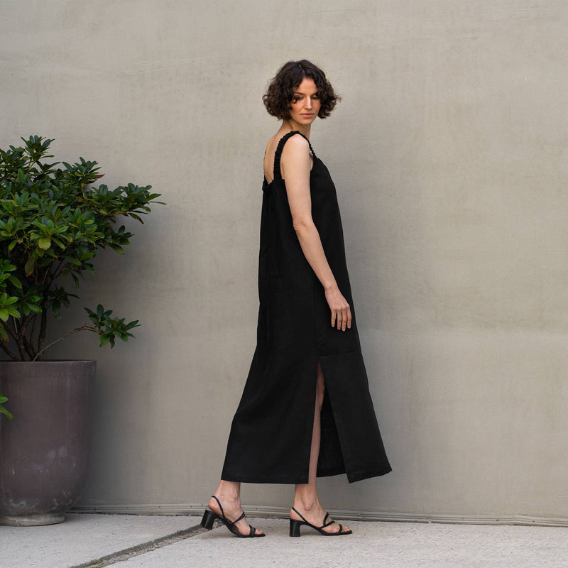 menique - Linen Maxi Pinafore Open Back Dress Fiona