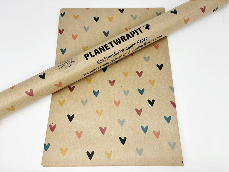 PlanetWrapIt - Colourful Hearts Recycled Kraft Wrapping Paper Gift Wrap - Home & Well 