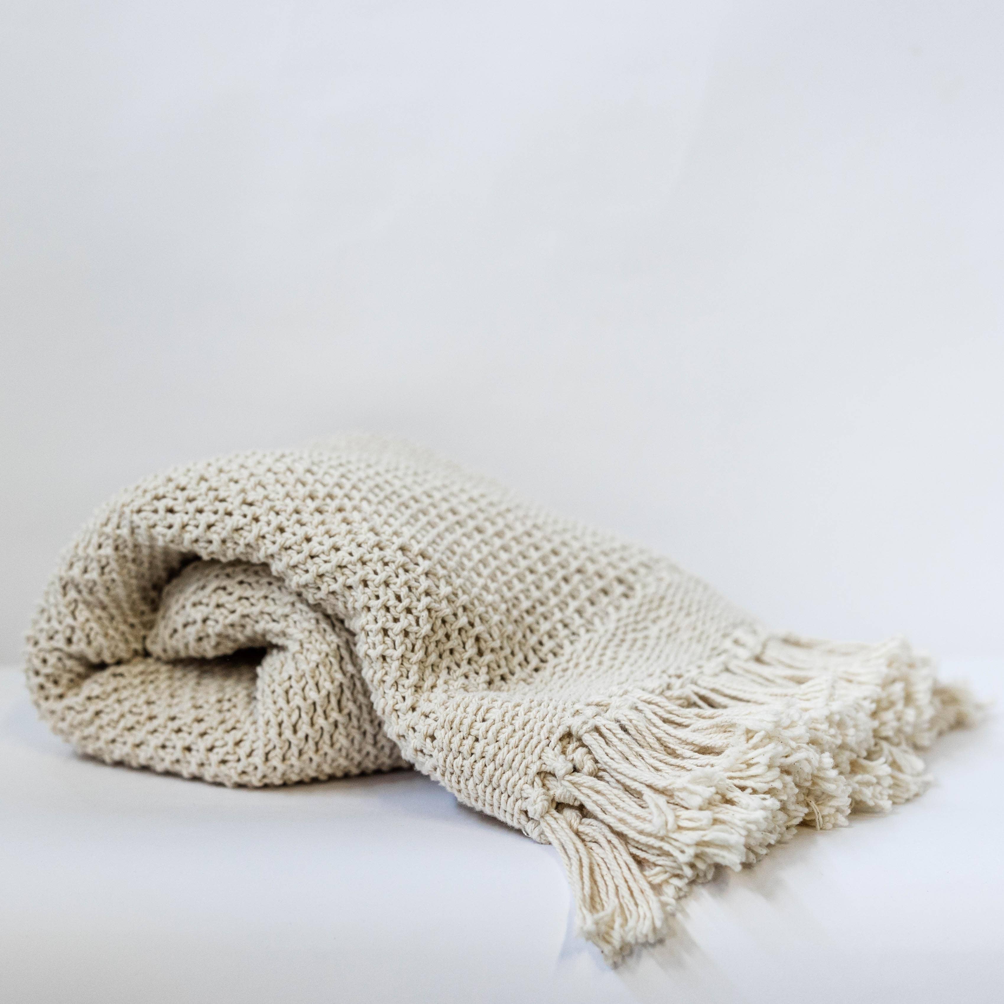 Knitted Cream Cotton Throw Blanket