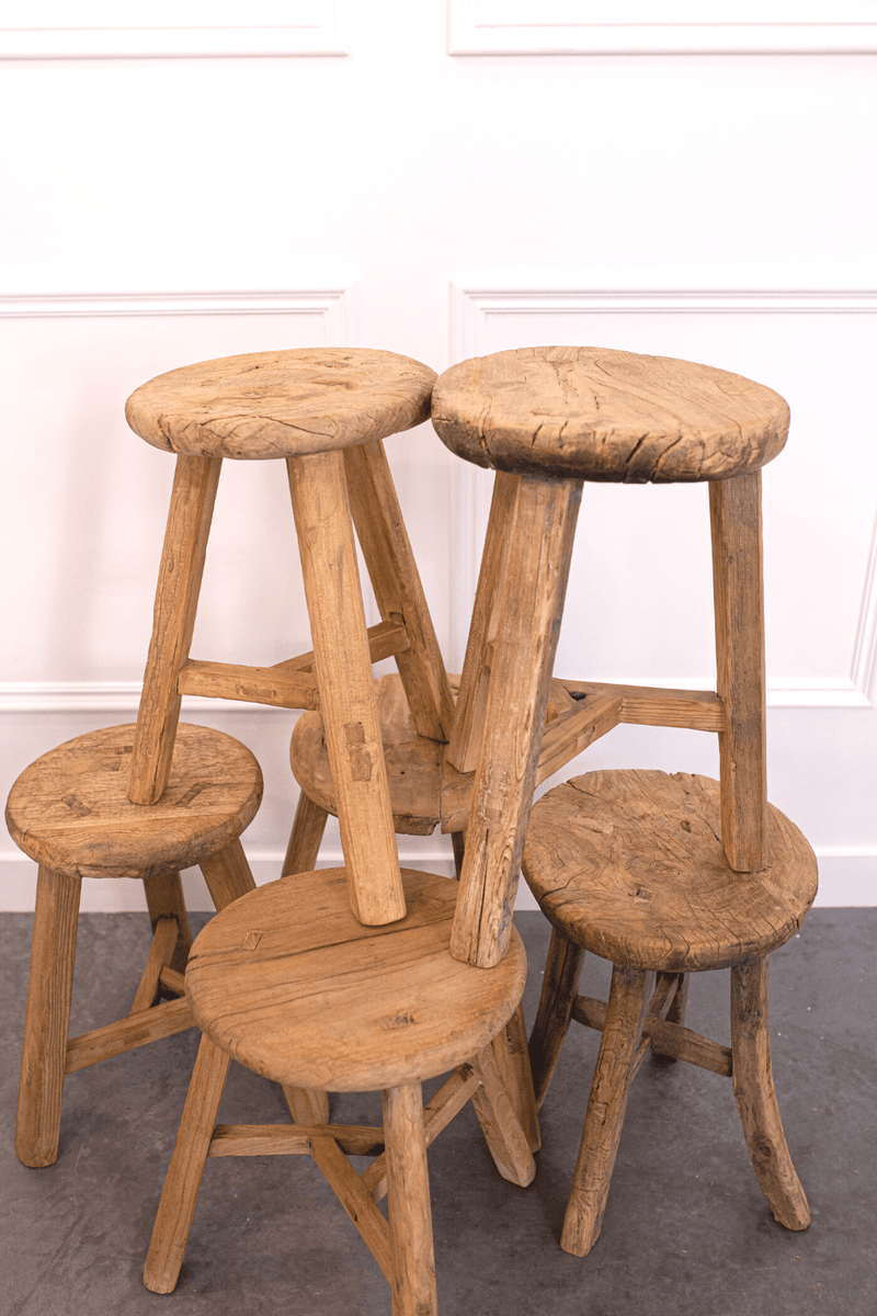 Luxe B Co - Vintage Elm Wood Round Stool Bench - Home & Well 