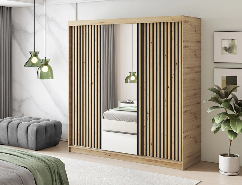 Emerio Mirrored 3 Sliding Door Freestanding Wardrobe - Maple Oak