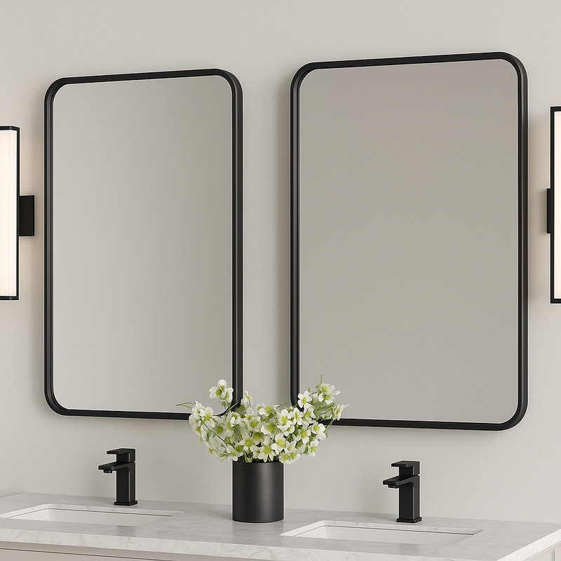 Rounded-Corner Rectangular Bathroom Vanity Mirror — Slim Metal Frame (Matte Black, Brushed Nickel, Brushed Gold)