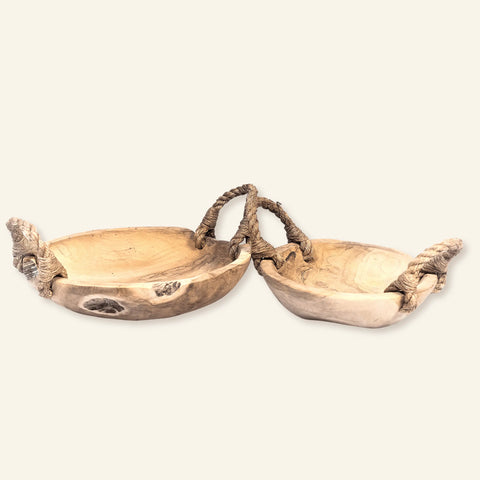 Bol en teck rustique et poignées en jute