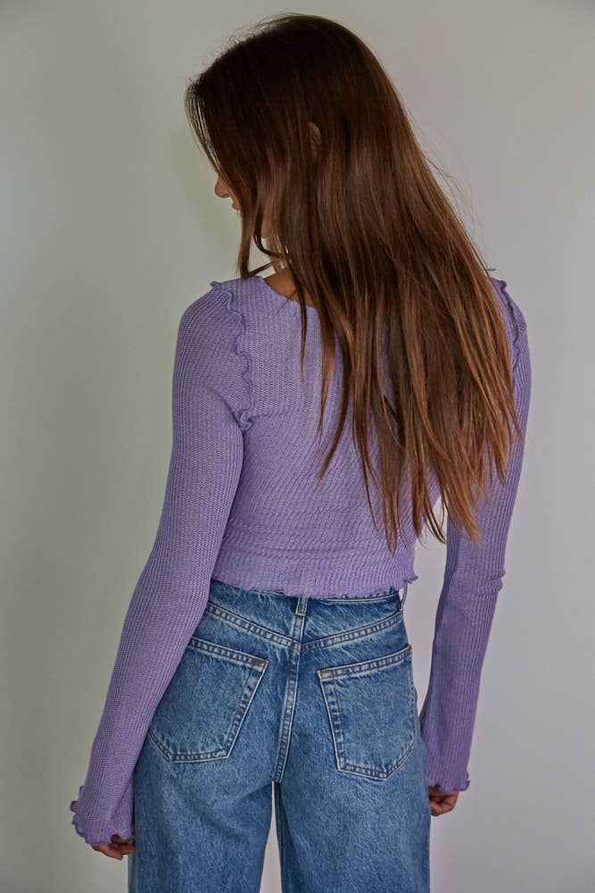 By Together - L7723 | Knit Rayon Nylon Rib Long Sleeve Lettuce Edge Top - Home & Well 