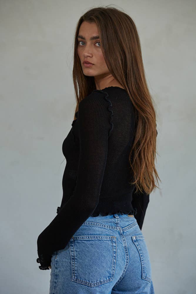 By Together - L7723 | Knit Rayon Nylon Rib Long Sleeve Lettuce Edge Top - Home & Well 