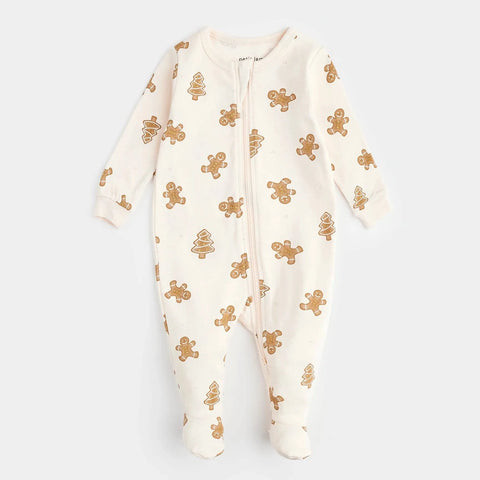 Gingerbread Print on Pink Peony Sleeper | Petit Lem