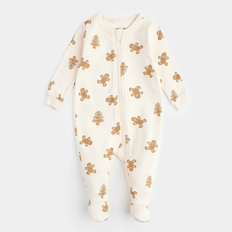 Gingerbread Print on Silver Peony Sleeper | Petit Lem