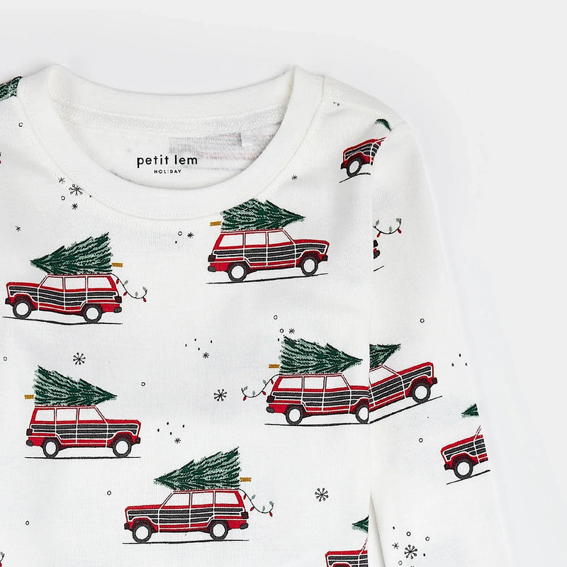 Festive Cars Print on Off-White PJ Set | Petit Lem