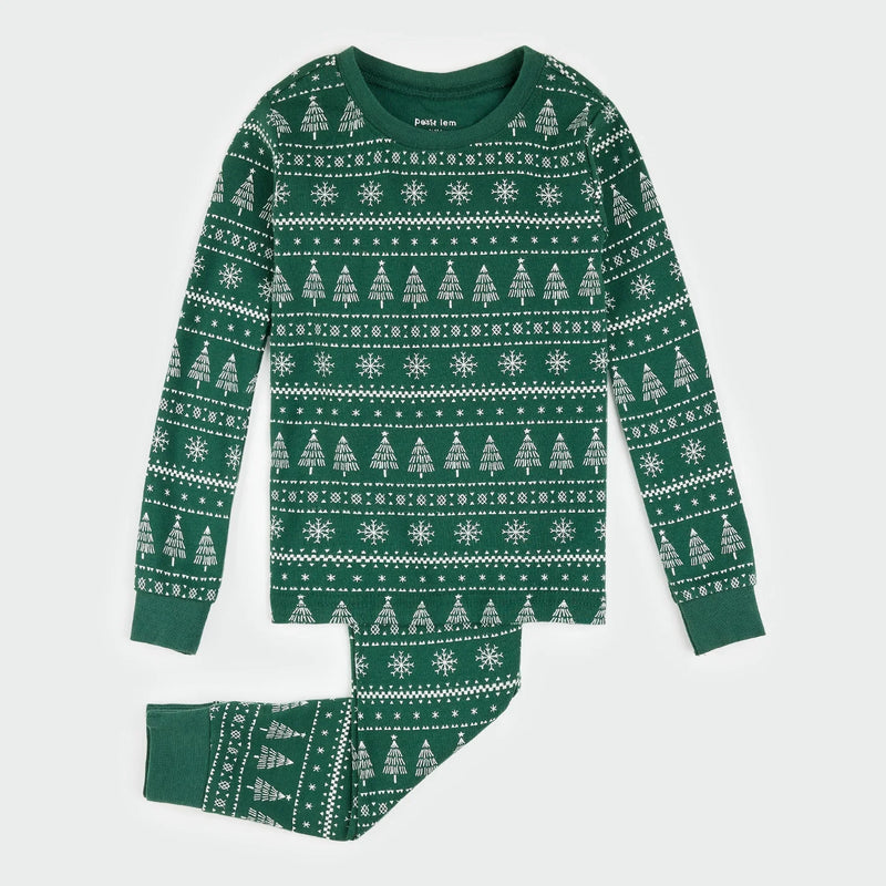 Festive Firs Fair Isle Print on Evergreen PJ Set | Petit Lem