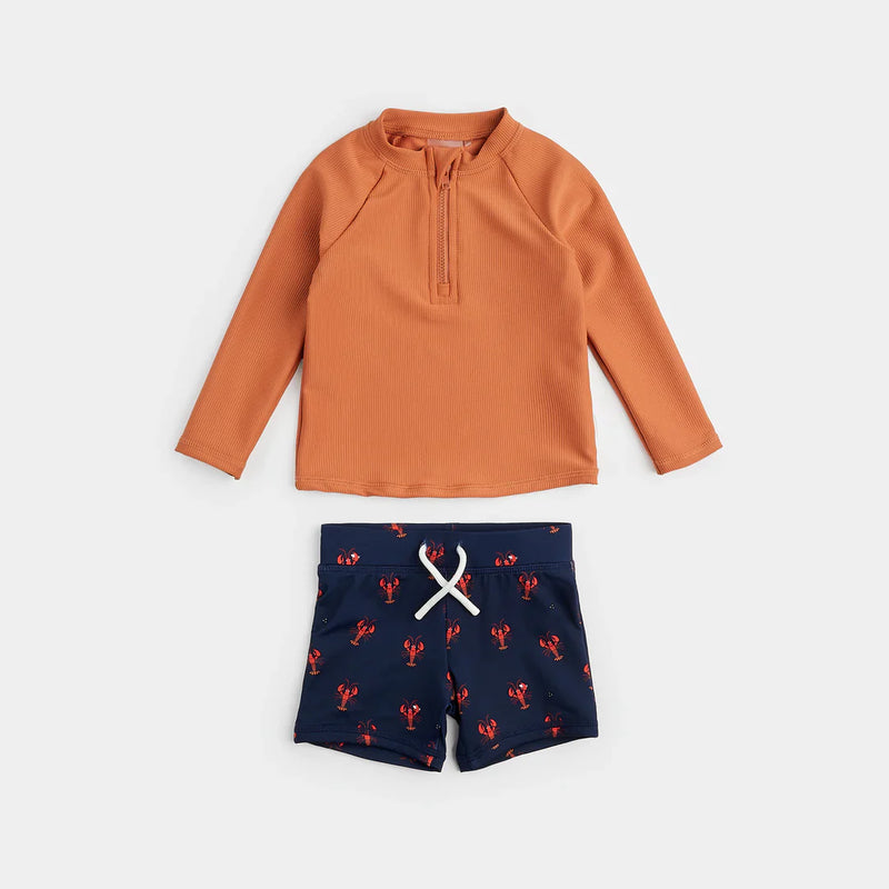 Ribbed Long-Sleeve Apricot & Lobster Print Rashguard Set | Petit Lem