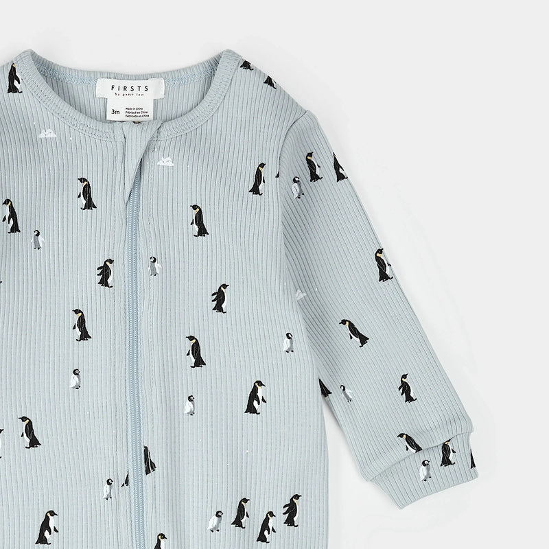 Footed Sleeper | Penguin Print on Pearl Blue | Petit Lem