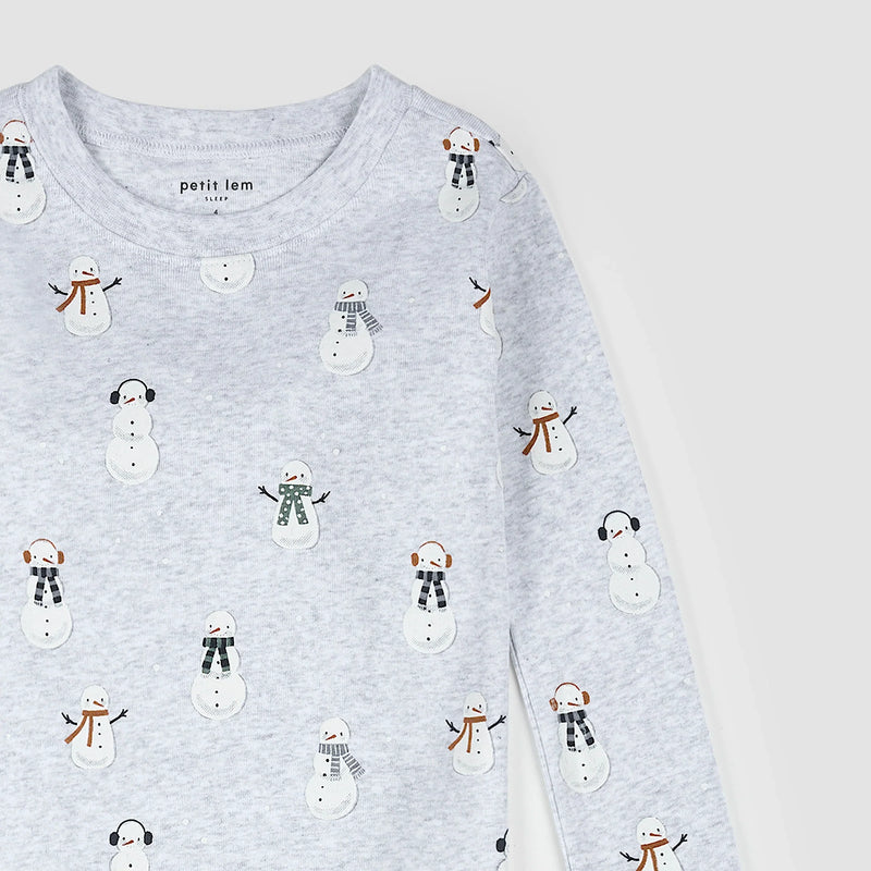 PJ Set | Snowman Print on Heather Grey | Petit Lem