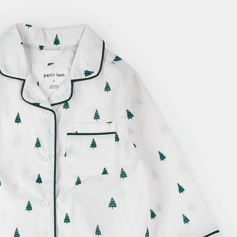 Poplin PJ Set | Pine Tree Print on Off-White | Petit Lem