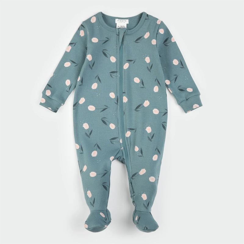 Ribbed Sleeper | Tulips Print on Sea Blue | Petit Lem