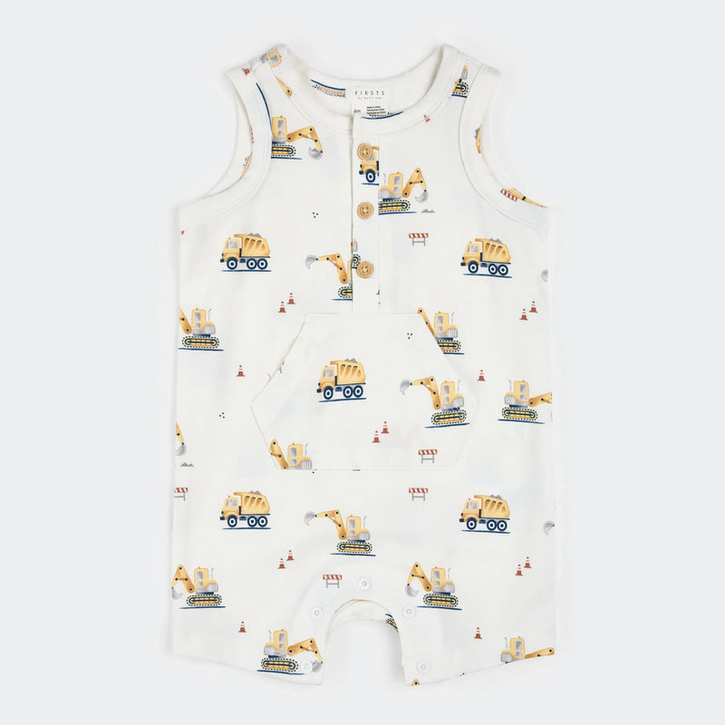 Sleeveless Romper | Diggers on White | Petit Lem