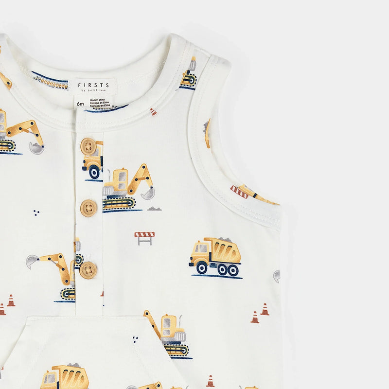 Sleeveless Romper | Diggers on White | Petit Lem