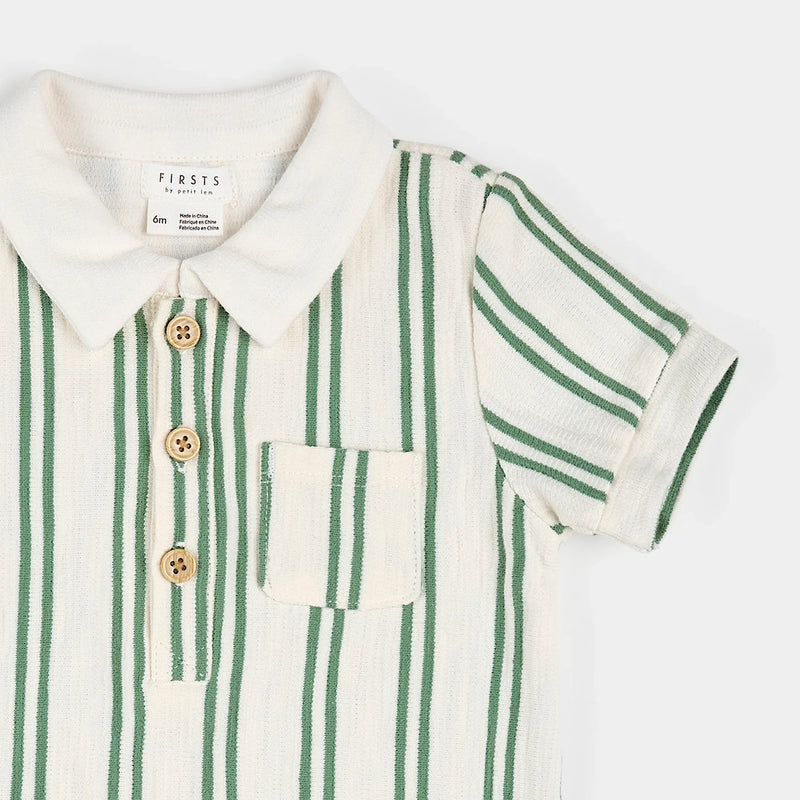 Collared Shortsleeved Romper | Green Stripe | Petit Lem