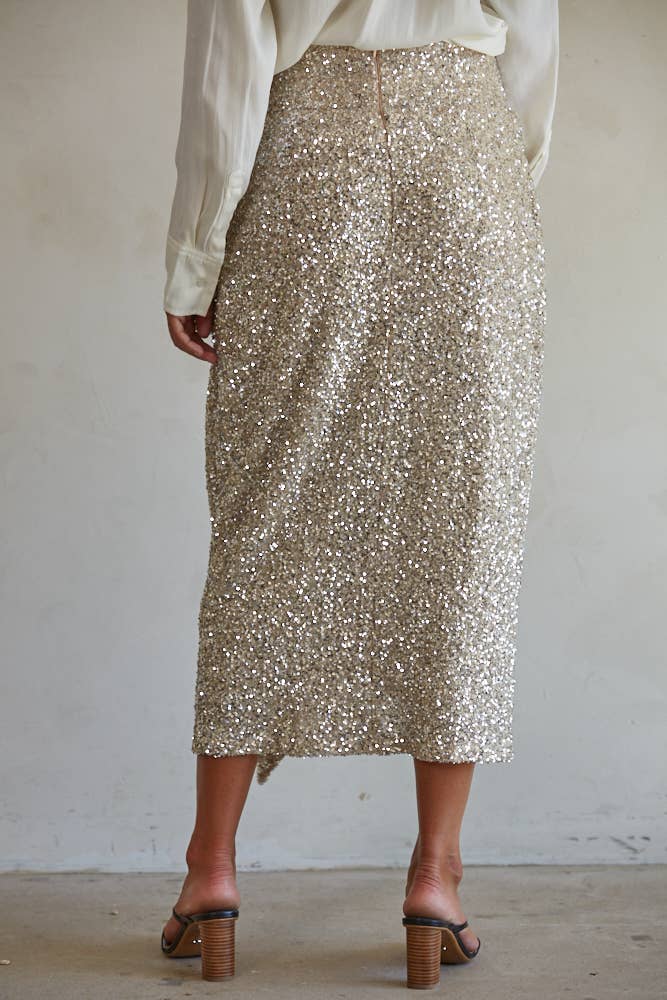 By Together - L7576 | Sequin Side Tie Strap Detail Wrap Midi Skirt - Home & Well