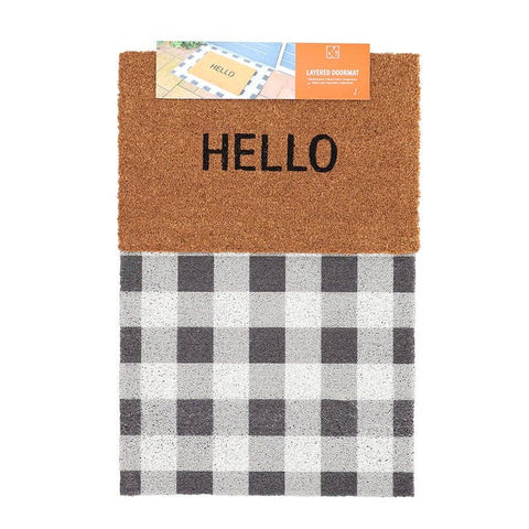 Hello Door Mat - Layered Set Checked Pattern