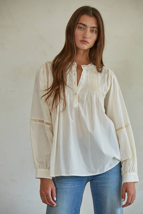 By Together - L7592 | Woven Cotton Long Sleeve Button Up Round Neck Top