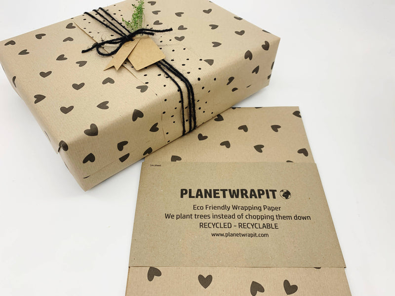 PlanetWrapIt - Black Hearts Recycled Eco Kraft Wrapping Paper - Home & Well 