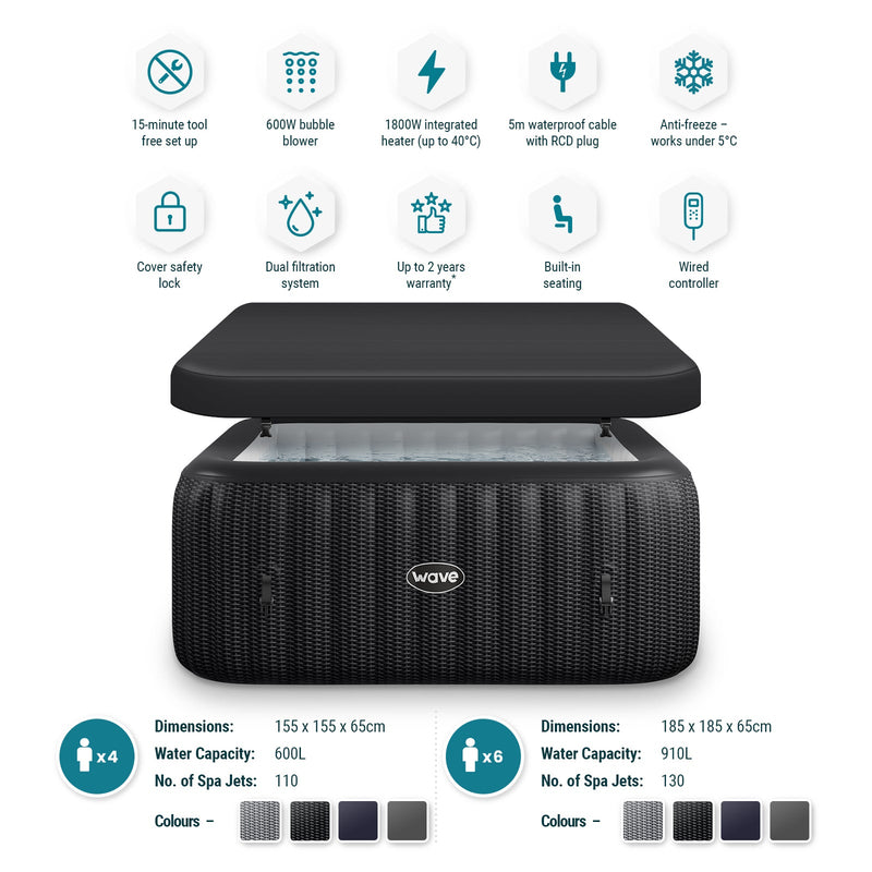 Wave | Pacific | 4/6-Person Inflatable Hot Tub | Square | Integrated Heater
