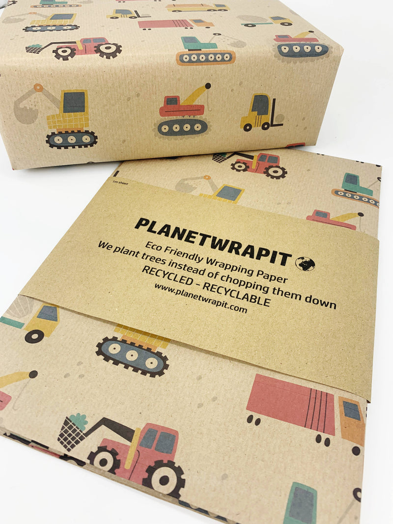 PlanetWrapIt - Diggers and Tractor Recycled Eco Kraft Wrapping Paper - Home & Well 