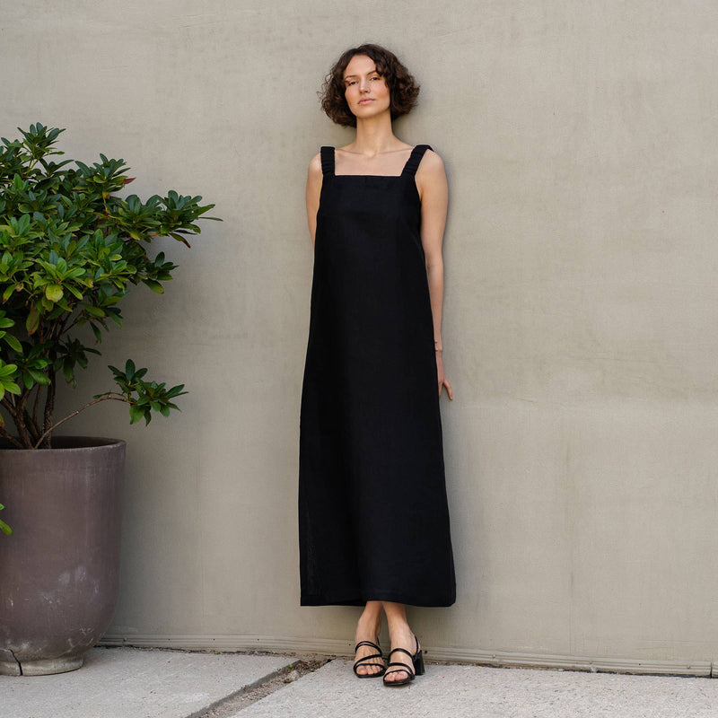 menique - Linen Maxi Pinafore Open Back Dress Fiona