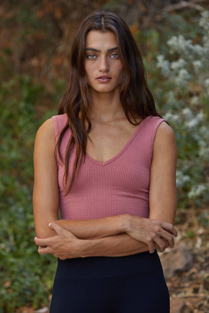 By Together - S1050N | Seamless Sleeveless UV Neck Reversible Tank Top - Home & Well