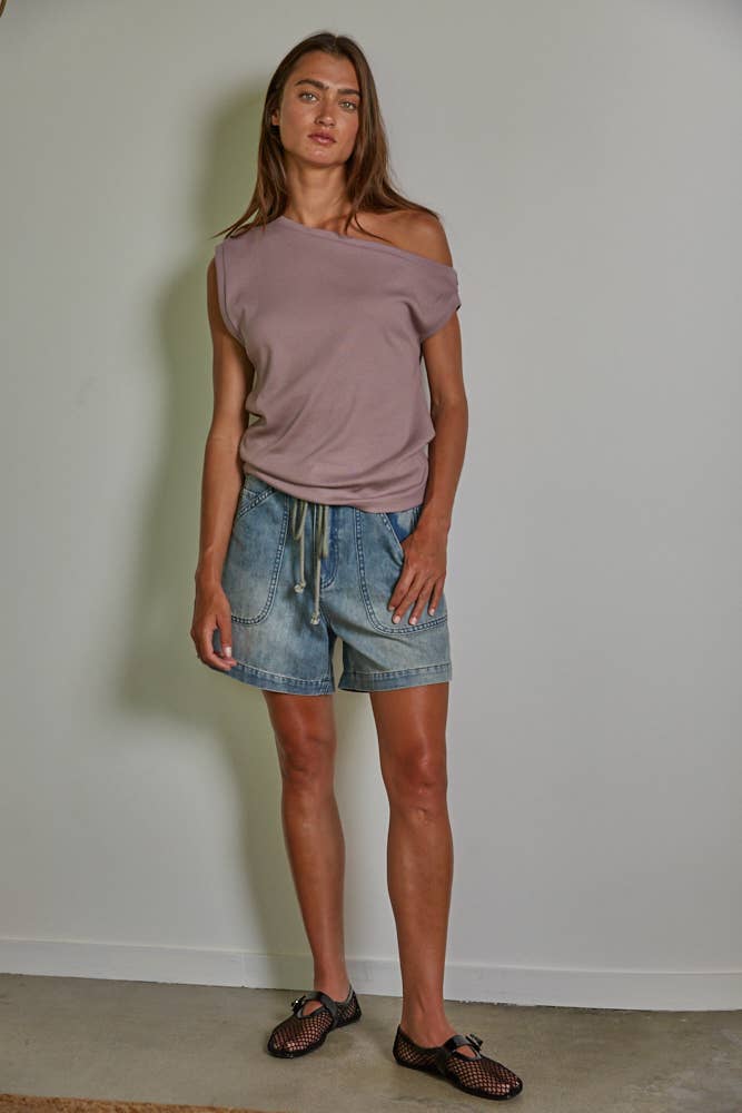 By Together - RJ2606 | Knit Rib One Shoulder Round Neck Sleeveless Top - Home & Well 