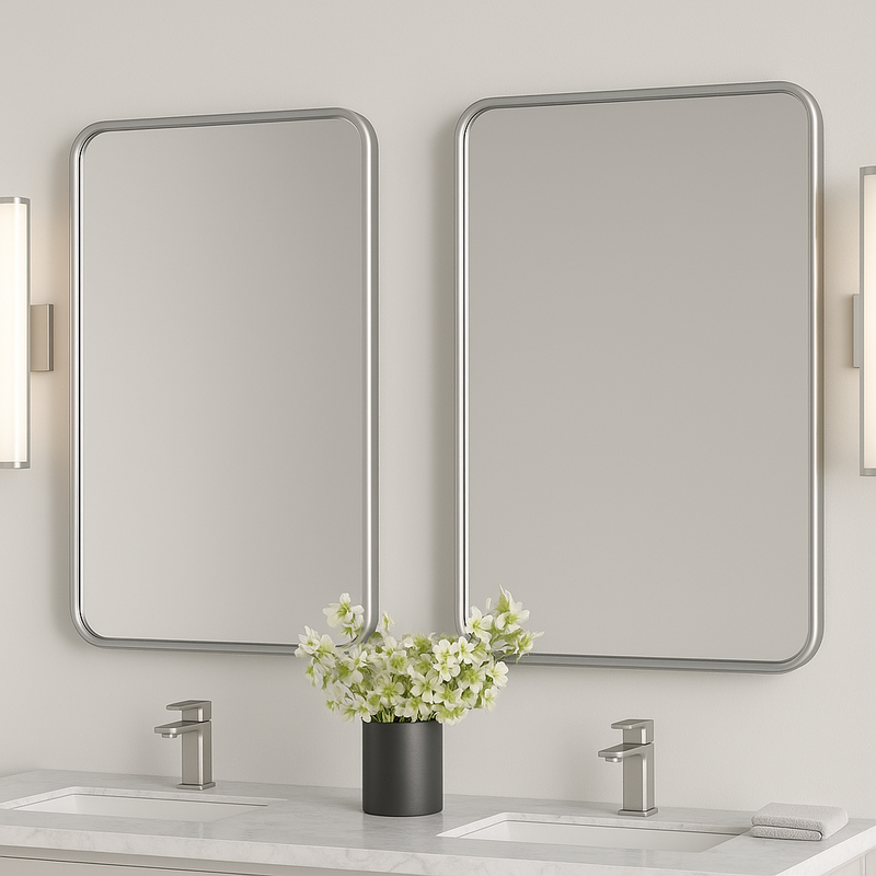 Rounded-Corner Rectangular Bathroom Vanity Mirror — Slim Metal Frame (Matte Black, Brushed Nickel, Brushed Gold)