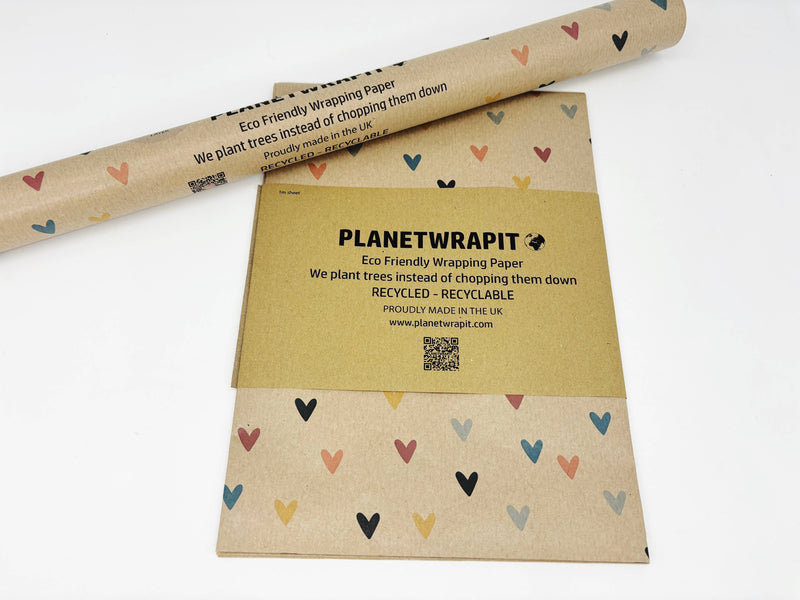 PlanetWrapIt - Colourful Hearts Recycled Kraft Wrapping Paper Gift Wrap - Home & Well 
