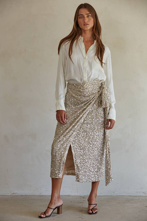 By Together - L7576 | Sequin Side Tie Strap Detail Wrap Midi Skirt - Home & Well