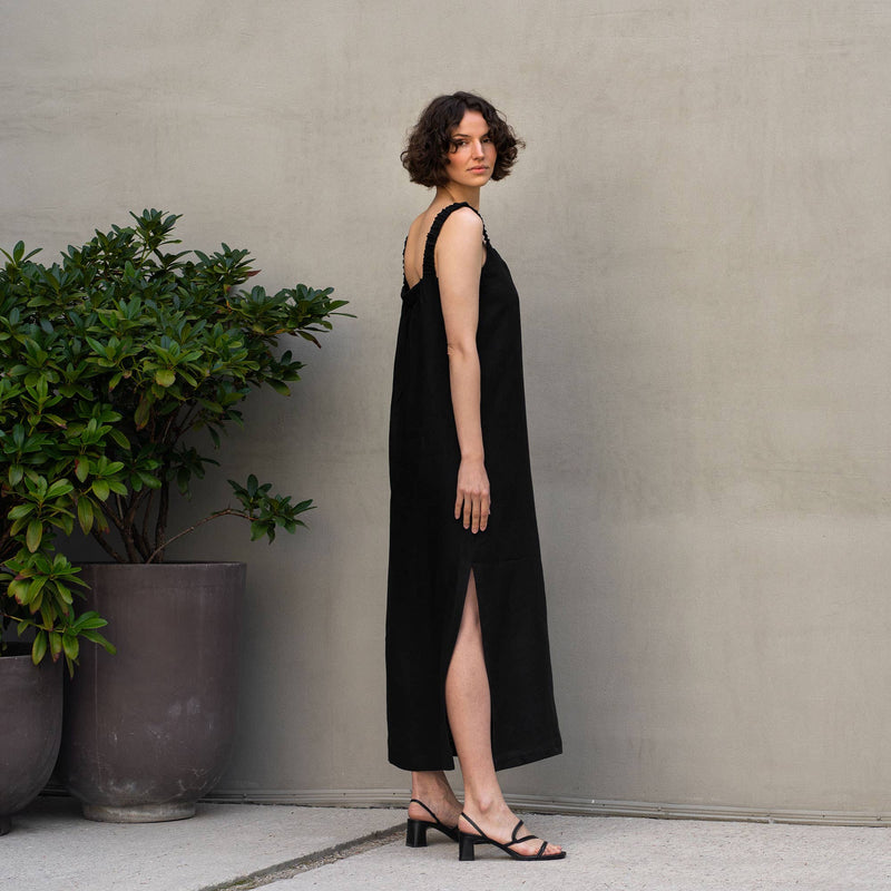 menique - Linen Maxi Pinafore Open Back Dress Fiona