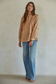 By Together - L7592 | Woven Cotton Long Sleeve Button Up Round Neck Top - Home & Well