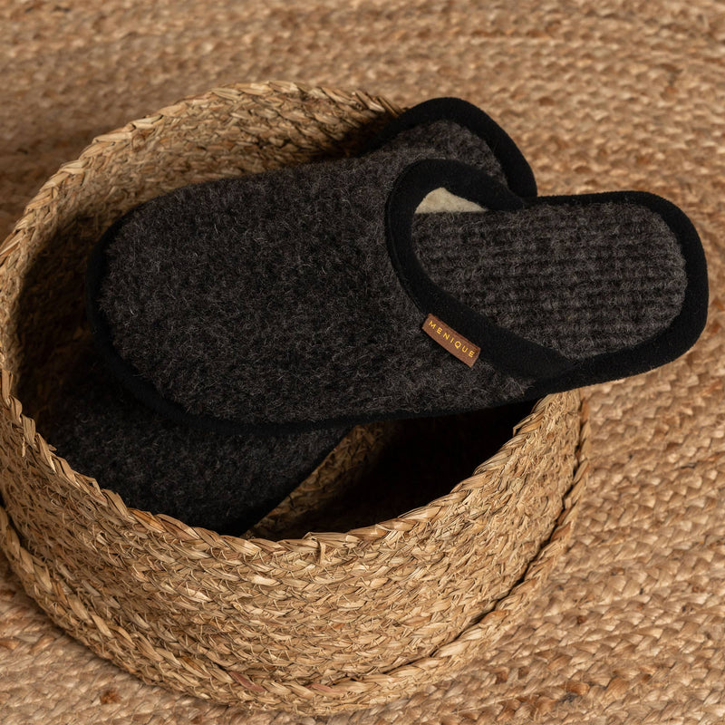 menique - Men's Merino Fluffy Slippers Black