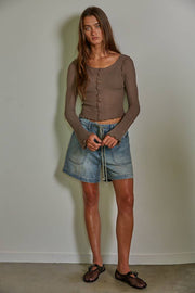 By Together - L7723 | Knit Rayon Nylon Rib Long Sleeve Lettuce Edge Top - Home & Well 