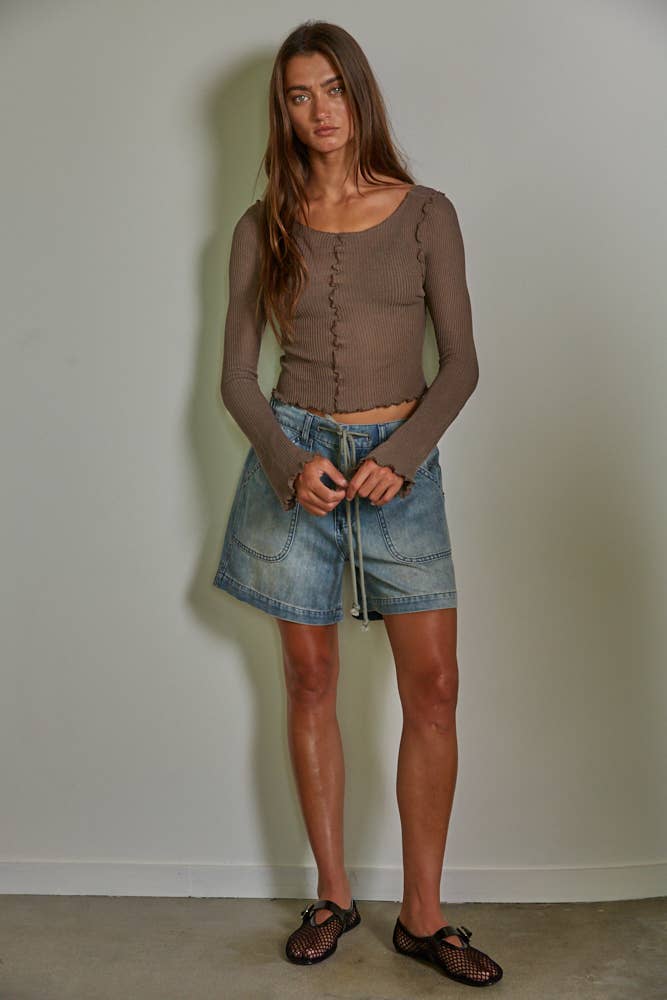 By Together - L7723 | Knit Rayon Nylon Rib Long Sleeve Lettuce Edge Top - Home & Well 