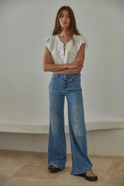 By Together - L6502 | Woven Cotton Linen Button V-Neck Short Sleeve Top - Home & Well 