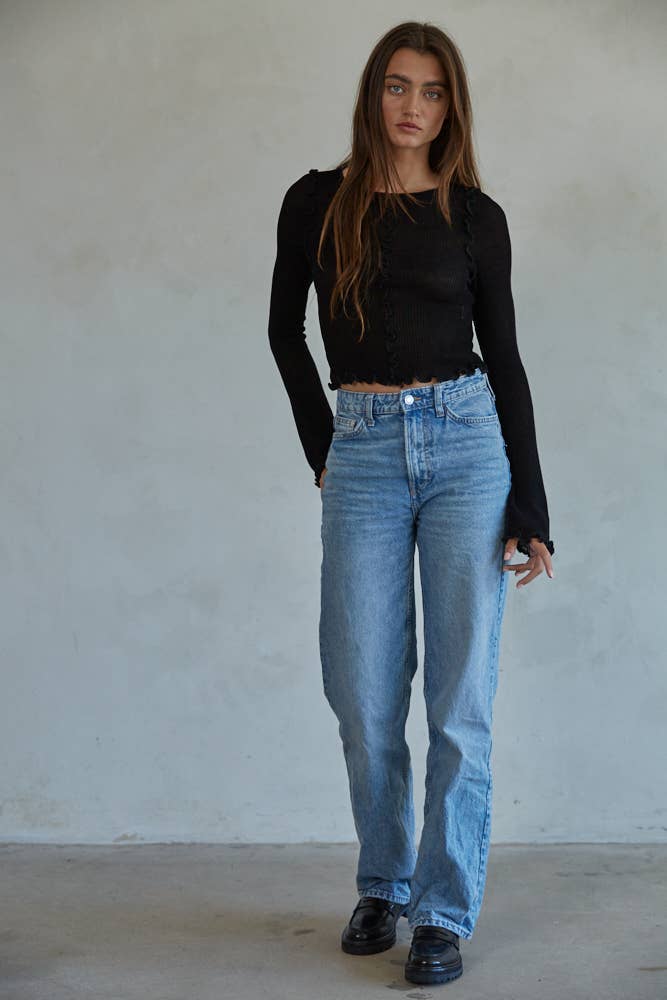 By Together - L7723 | Knit Rayon Nylon Rib Long Sleeve Lettuce Edge Top - Home & Well 