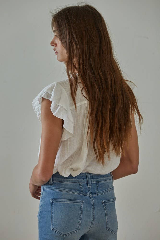 By Together - L6502 | Woven Cotton Linen Button V-Neck Short Sleeve Top - Home & Well 
