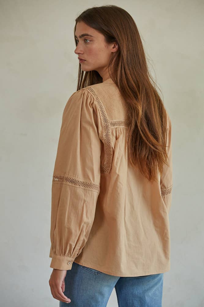 By Together - L7592 | Woven Cotton Long Sleeve Button Up Round Neck Top - Home & Well
