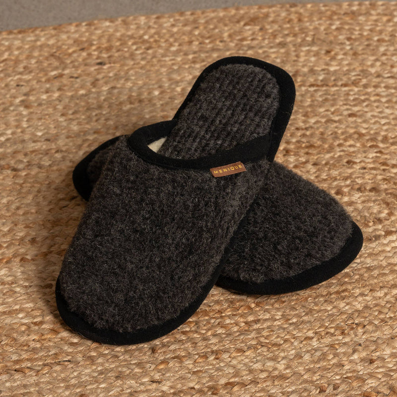 menique - Men's Merino Fluffy Slippers Black