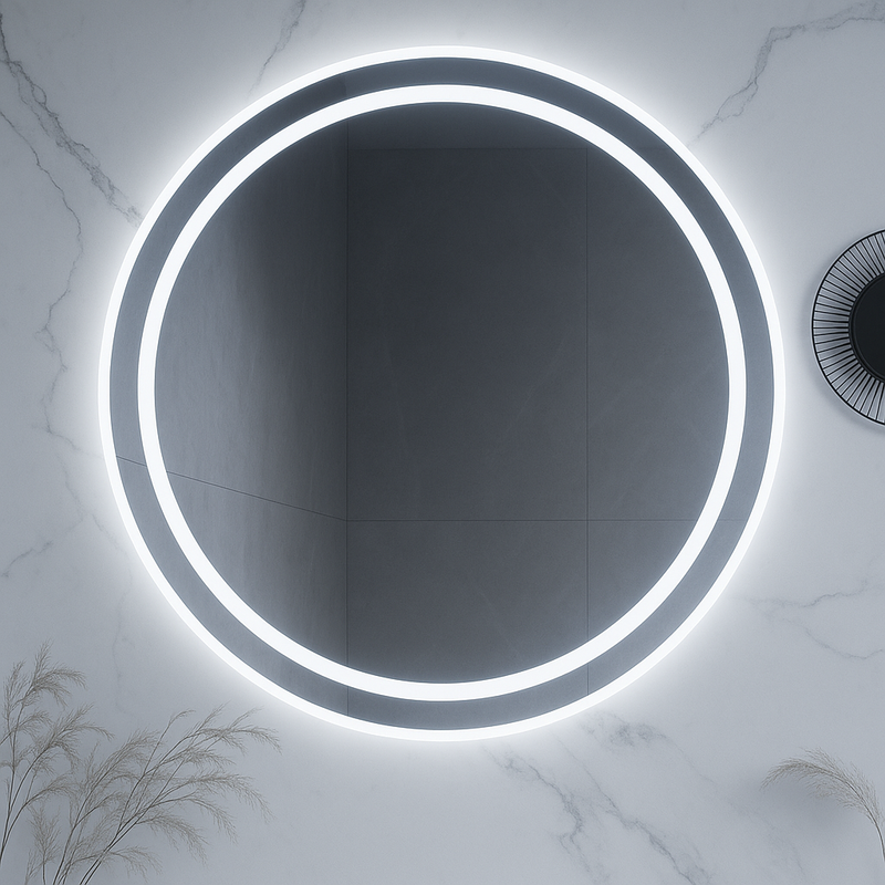 HaloLux Round LED Bathroom Mirror — Frosted Front-Light Ring + Back-Lit Halo, Dimmable, Anti-Fog & Memory (3000K/4000K/5000K) | 24″, 28″, 32″ | CE & ETL Certified