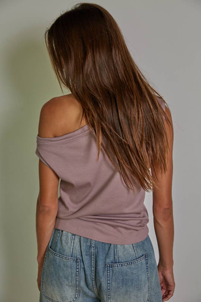 By Together - RJ2606 | Knit Rib One Shoulder Round Neck Sleeveless Top - Home & Well 