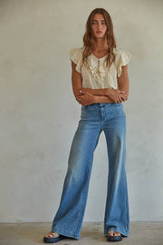By Together - L6502 | Woven Cotton Linen Button V-Neck Short Sleeve Top - Home & Well 